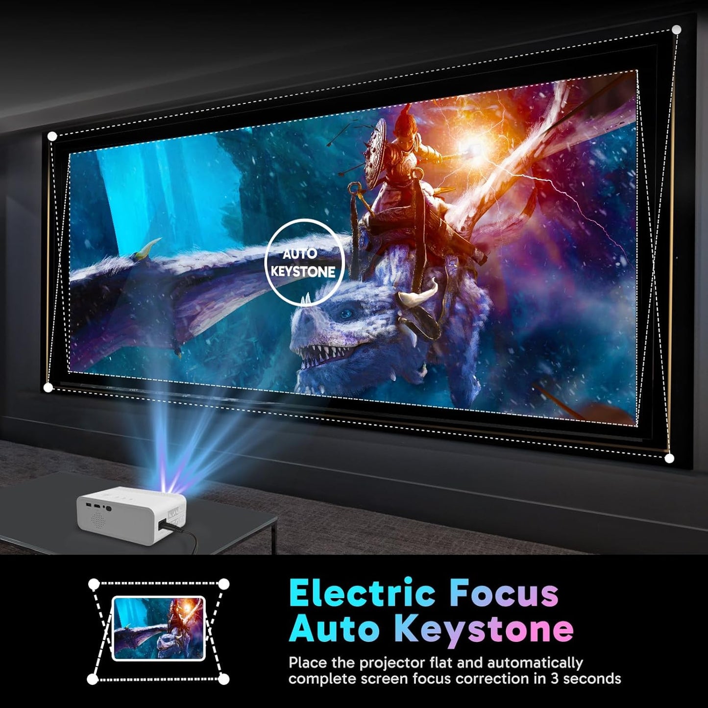 Electric Focus Mini Projector with 5G WiFi and Bluetooth, Support FHD 1080P Smart Video Projector, 12000L Portable Movie Projector with Auto Keystone Compatible with iOS/Android/TV Stick/HDMI/PS5